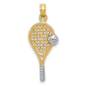 14k Yellow Gold w White Rhodium Tennis Racket Necklace Charm Pendant